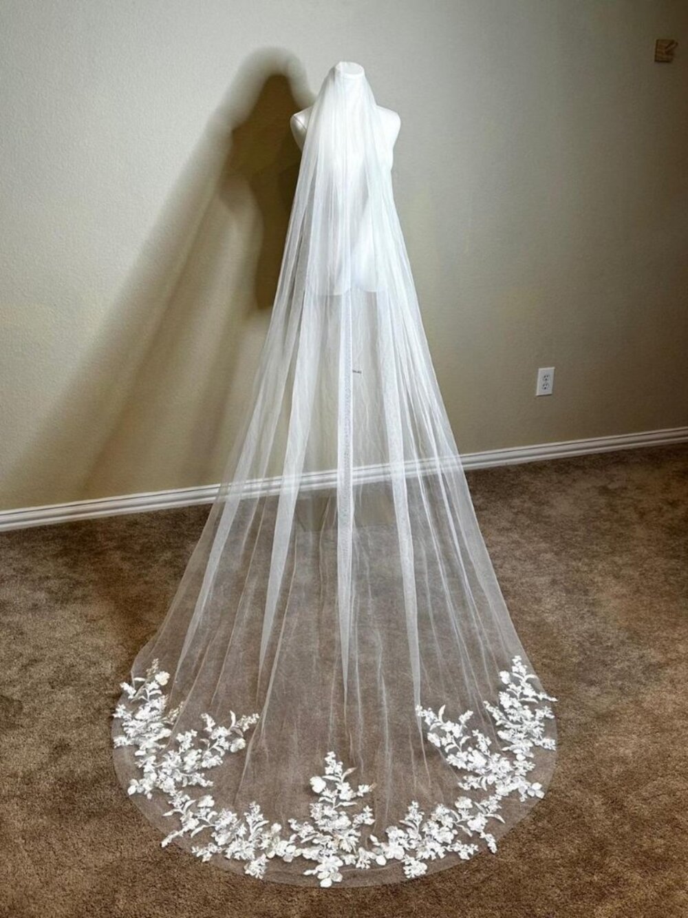 Cathedral Length Bridal Veil Floral Lace Applique Ivory